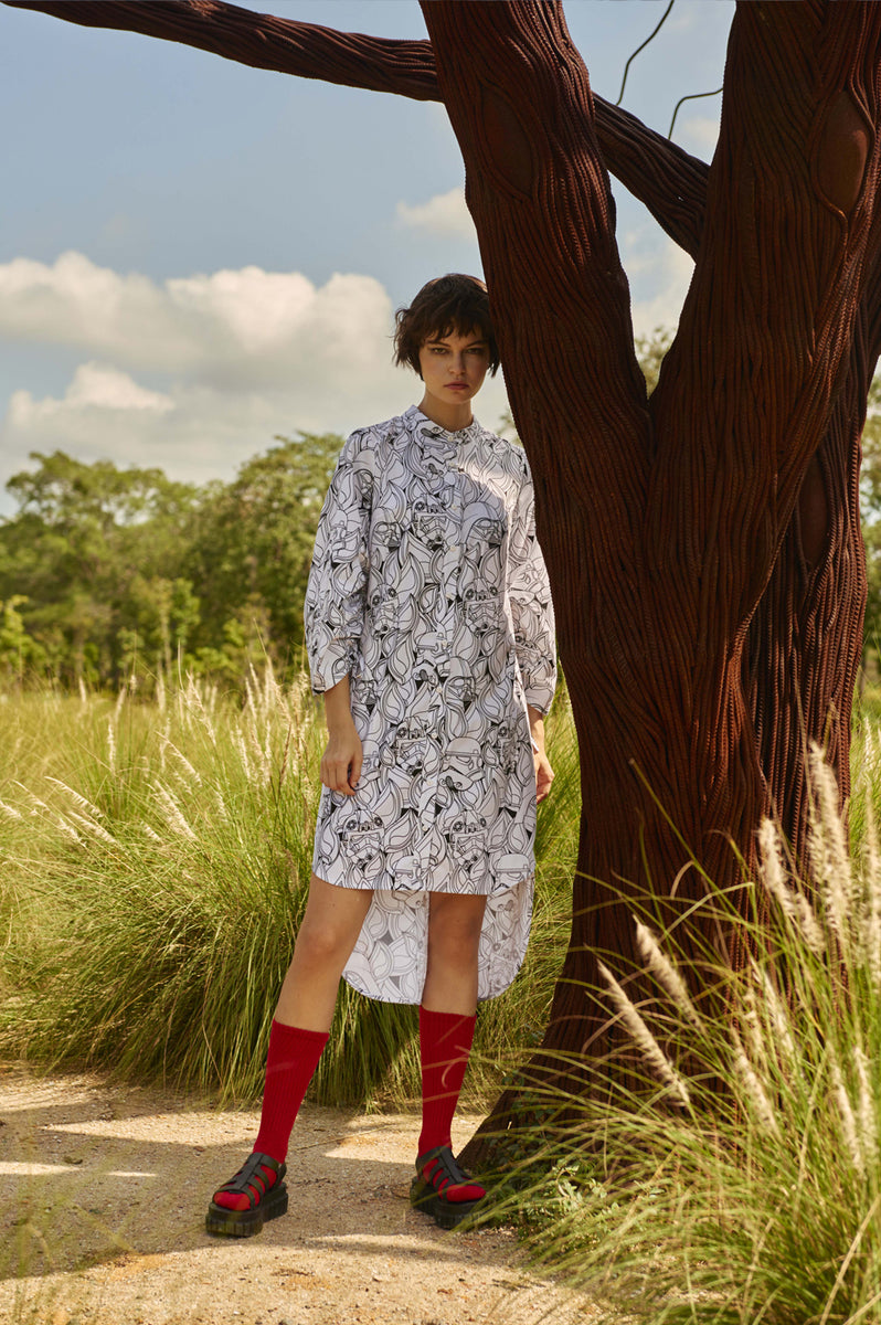Line Shirt Dress With Puff Sleeves